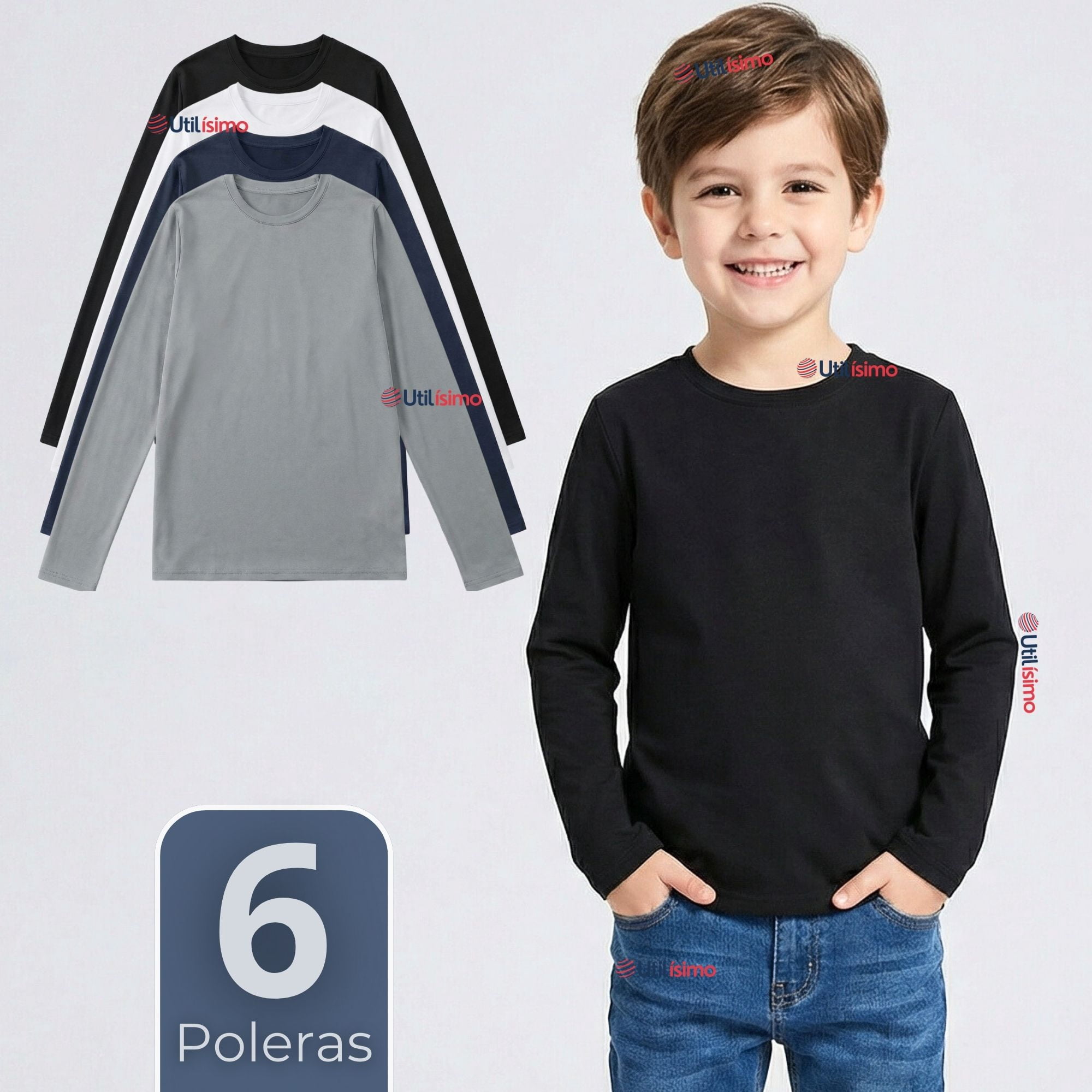 Utilisimo - Pack 6 Poleras Camisetas Polar Primera Capa Cuello Redondo Manga Larga Colores Surtido Niño