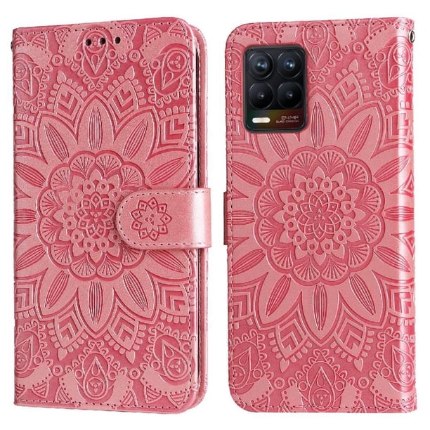 Funda tipo cartera FOXDOCK para Realme 8 4G , diseño girasol en relieve, cuero PU, cierre magnético, soporte y tarjetero