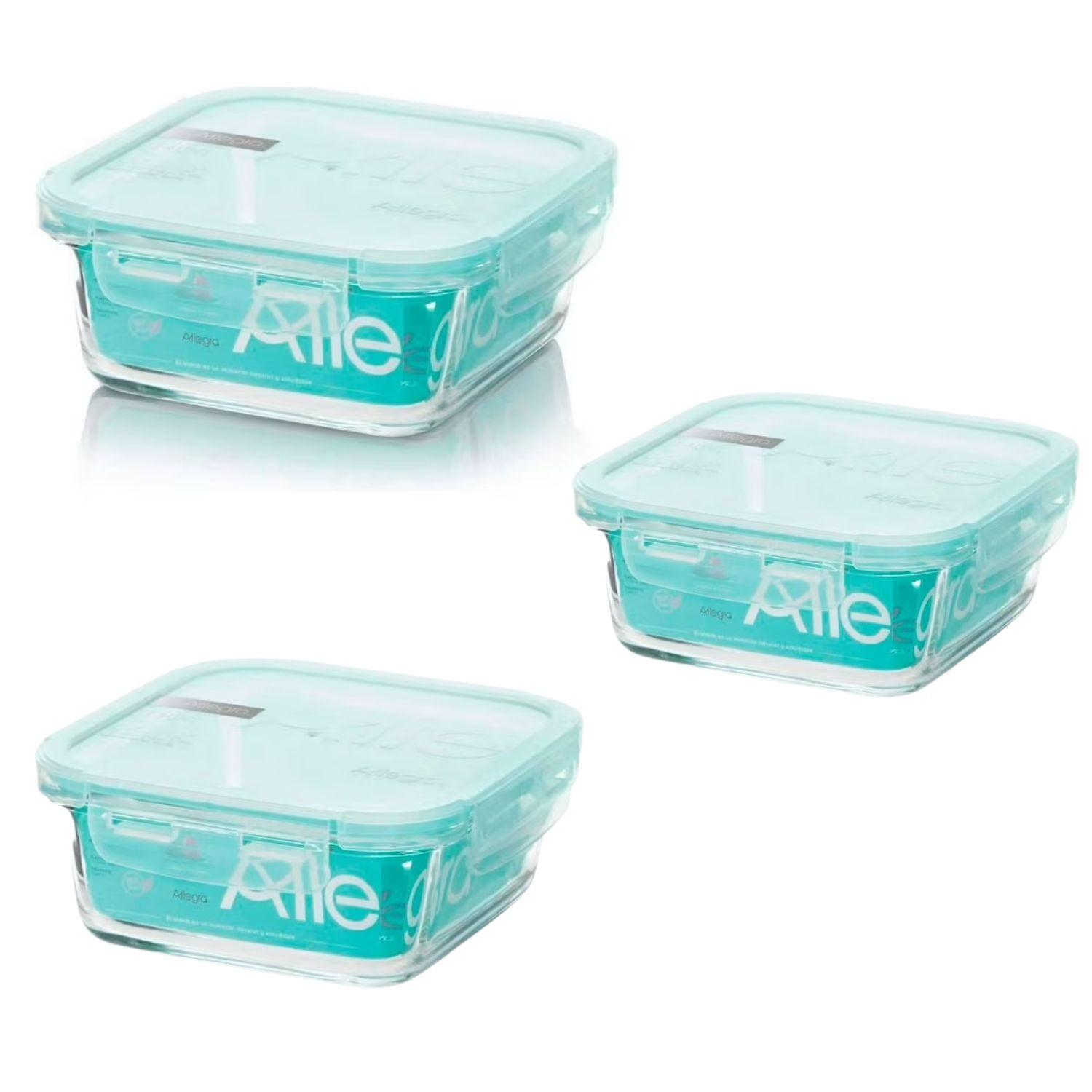 Pack 3 Contenedores Hermetico Vidrio Cuadrado 380ml Allegra