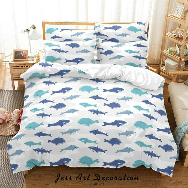 3D Cartoon Azul Océano Tiburón Ballena Pez Patrón Funda de edredón Set Ropa de cama Set