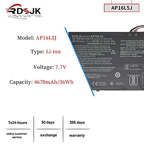 Batería Rdsj Ap16l5j Para Laptop Acer Aspire Swift 5 Sf514-52t Spin 1 Sp111-32n Sf514 Travelmate X5 Tmx514-51-560q Tmx514-51t-50mw 7.7v 36wh 4670mah
