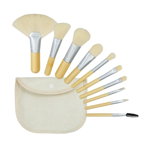 Juego de brochas de maquillaje T4B MIMO, tamaño viaje, bambú, con funda, 10 unidades