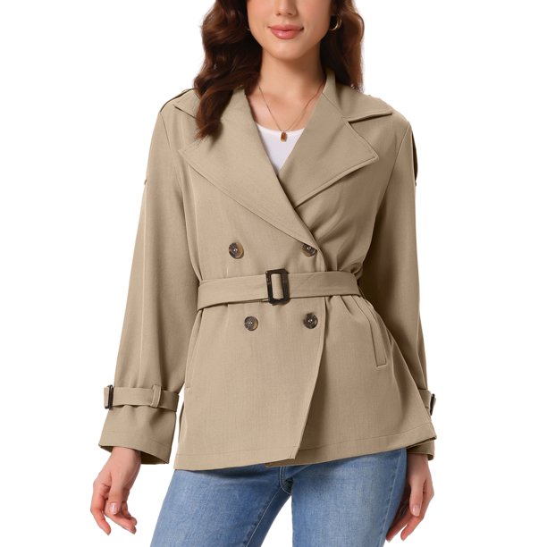 Gabardina INSPIRE CHIC para mujer con mangas largas, doble botonadura, solapa casual, chaqueta de otoño con cinturón M color caqui claro