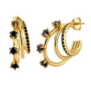 Nordvik London - Aros Triple Media Argolla, Circonitas Negras, Plata 925 Enchapada En Oro 24K