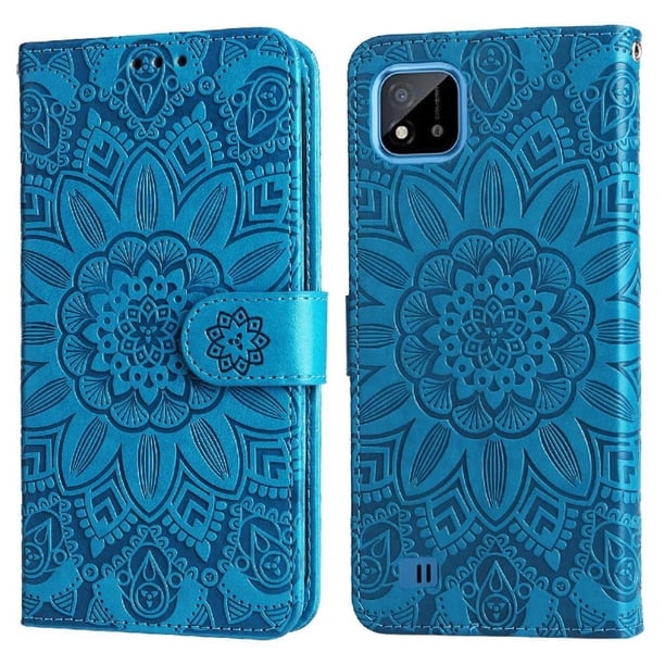 Funda tipo cartera FOXDOCK para Realme C11 , diseño girasol en relieve, cuero PU, cierre magnético, soporte y tarjetero
