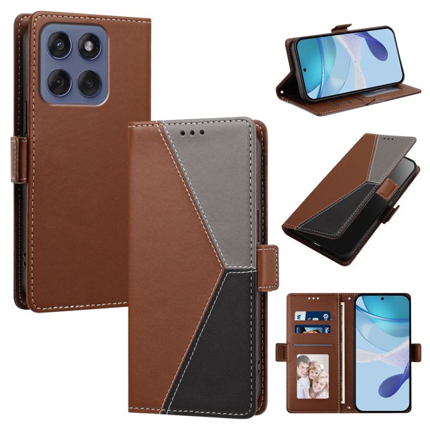 Cartera para Motorola Moto G86 en PU Tricolor, Funda con Solapa, Marrón