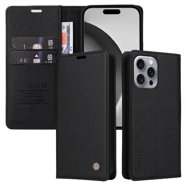 Funda Billetera de Cuero para iPhone 16 Pro Max con Tarjetero y Soporte - Tapa Magnética Negro