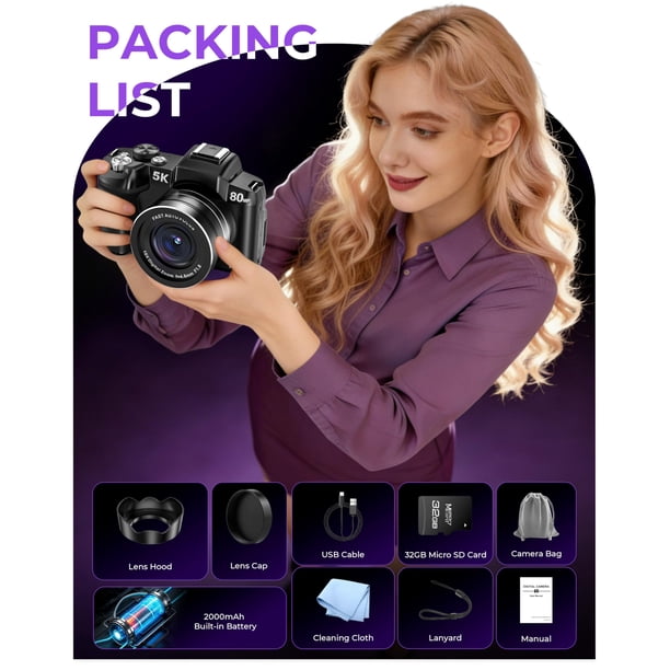 Cámara digital Notoldpine 5K 80MP WiFi UHD 18X Zoom 32GB | Lider