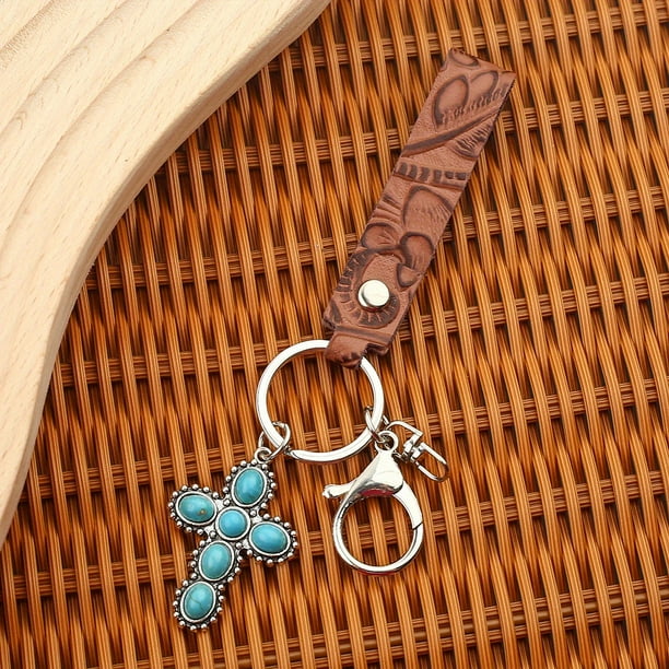 1pc Western Style Cowhide Keychain with Turquoise Pumpkin Flower Pendant - Unisex Car Keys Keyring Jewelry