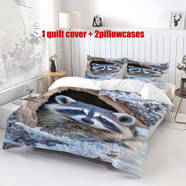 3pcs Raccoon Cub Themed Printed Bedding Set | Includes 1 Duvet Cover + 2 Pillowcases Polyester