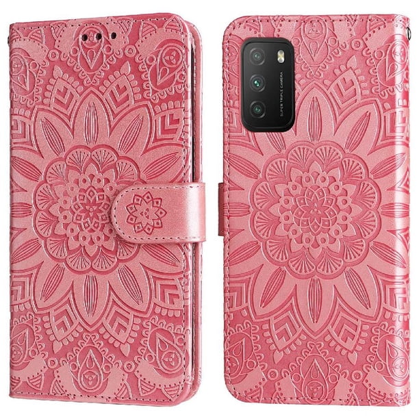 Funda tipo cartera FOXDOCK para Xiaomi Poco M3 , diseño girasol en relieve, cuero PU, cierre magnético, soporte y tarjetero