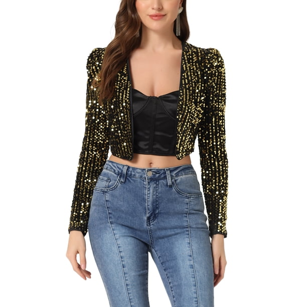 INSPIRE CHIC Chaqueta Corta de Fiesta para Mujer con Lentejuelas Brillantes de Manga Larga y Frente Abierto L Negro Oro