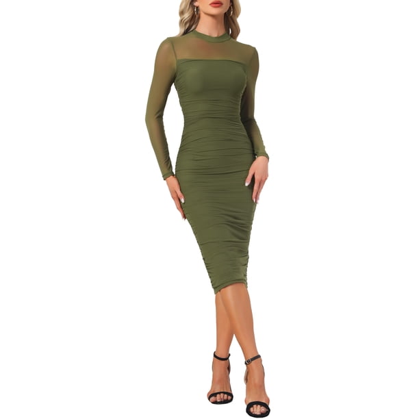Vestido de malla INSPIRE CHIC para mujer con cuello simulado, manga larga, fruncido, cóctel, ajustado, talla L, verde oliva