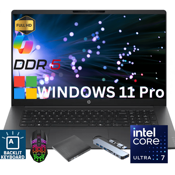 Notebook HP Omnibook 3 de 17,3" (PC con IA). Equipado con procesador Intel Core Ultra 7, 16 GB de RAM, SSD de 512 GB y Windows 11 Pro. Color negro.