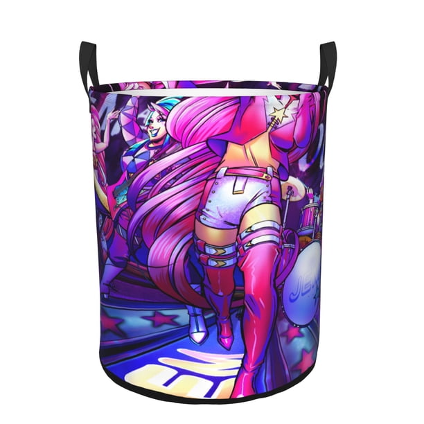 Jem y las Hologramas Cesta de lavandería de gran capacidad redonda con asa, bolsa para ropa sucia plegable, almacenamiento para dormitorio, baño y lavadero 44x35 cm