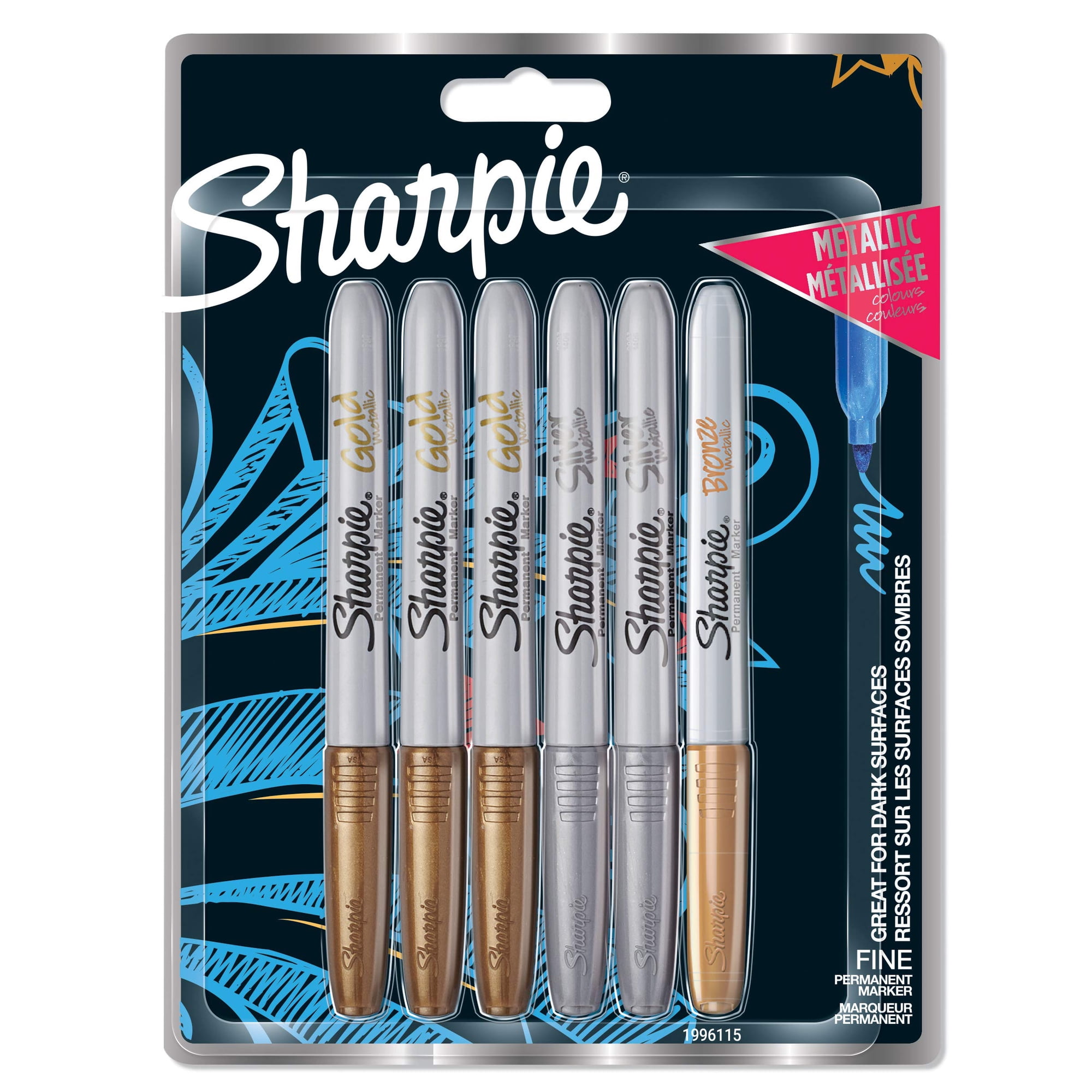 Marcadores Permanentes Sharpie Punta Fina Colores Metálicos Paquete De 6
