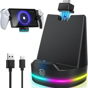Genérico - Base De Carga Magnética Para El Mando A Distancia Playstation Portal - Estación De Carga Para Accesorios Del Portal Ps5 Con 12 Modos De Luz Rgb Y Cable, Negro Carbón-Negro