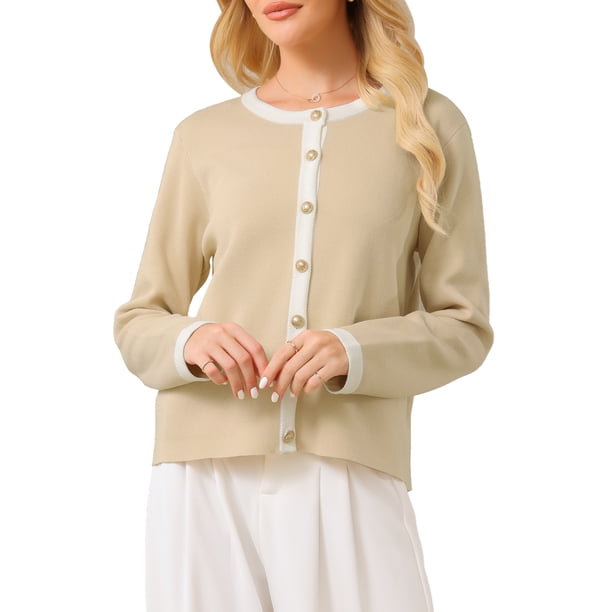 INSPIRE CHIC Chaqueta de punto con botones para mujer, cuello redondo, ribete en contraste, manga larga, tejido de punto acanalado, talla M, caqui