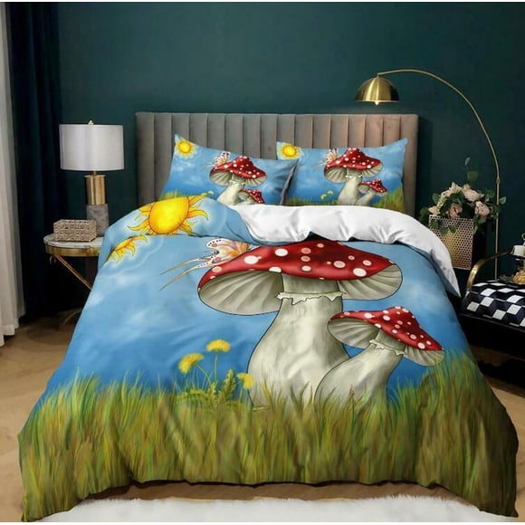 Nature Mushroom World Quilt Duvet Cover Set Children Bedspread3-Piece Bedding Set