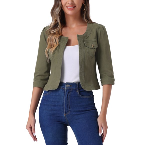 INSPIRE CHIC Chaquetas de Jean de Mezclilla Recortadas sin Cuello de Manga 3/4 para Mujer Verde Oliva XL