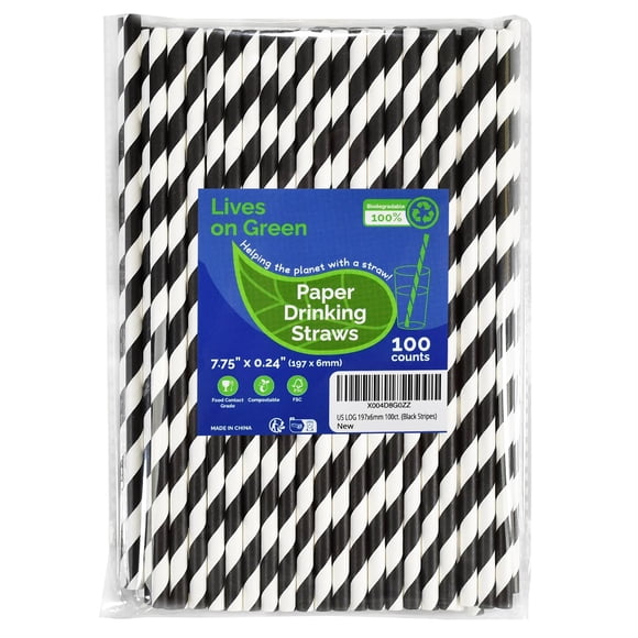 Pajilla de papel Lives on Green 19 cm a rayas negras – 100 uds