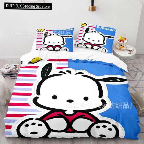 Cartoon Anime Pochacco Cute Bedding Set Children's Room Pillowcase Duvet Cover Three Piece Set Decoration