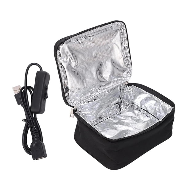 Bolsa de almuerzo con calefacción por USB, bolsa térmica con cremallera, contenedor reutilizable, bento para acampar, casa, coche, gimnasio y trabajo. Negro