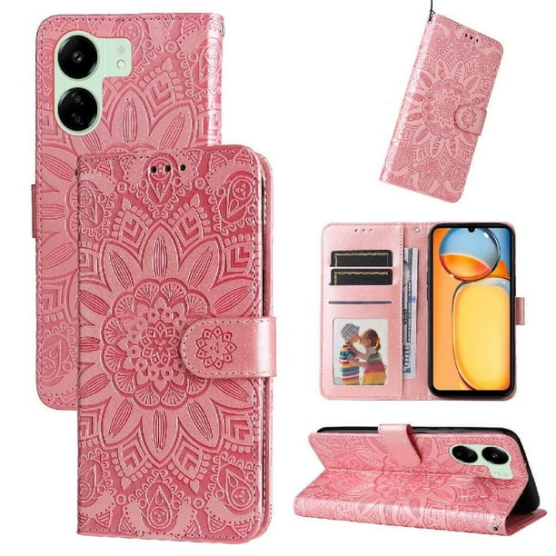 Funda tipo cartera FOXDOCK para Xiaomi Redmi 13C 5G , diseño girasol en relieve, cuero PU, cierre magnético, soporte y tarjetero