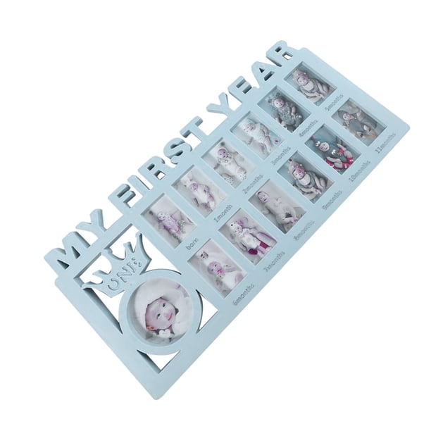 Marco de Fotos para Bebé Primer Año Decorativo Collage para Meses Recuerdos de Nacimiento Álbum Infantil Hecho de Plástico Vidrio y Cartón Resistente Azul