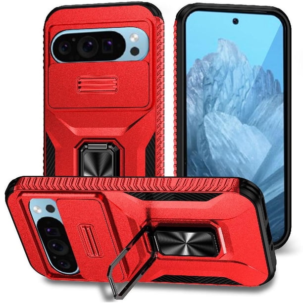 Funda Armada para Google Pixel 9 Pro con Tapa Deslizante y Soporte Magnético Giratorio Rojo