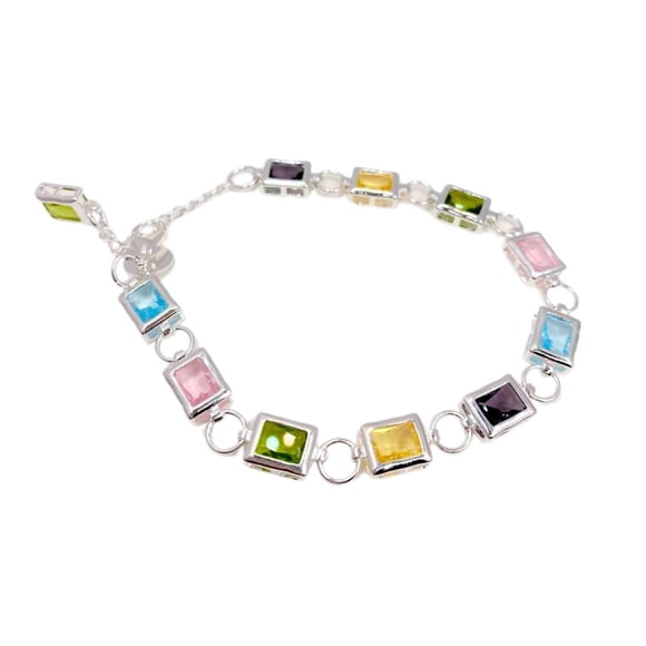 Pulsera de Plata 925 con Eslabones y Circones de Colores: Elegancia y Brillo