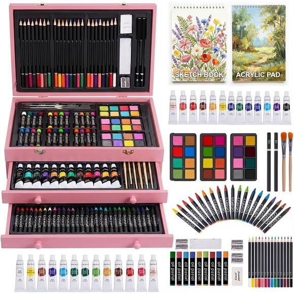 Set de Arte TMOL 175 Piezas Estuche Madera Rosa Acrílico