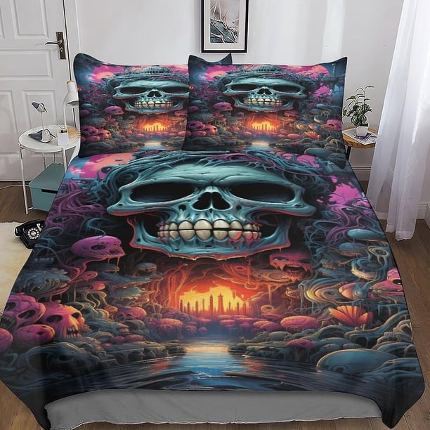 Juego De Ropa De Cama Con Calaveras Y Flores Funda Nórdica Para Impresión 3d 3 Piezas Suave Y Transpirable Funda De Edredón Con Esqueleto Malvado Y Fundas De Almohada