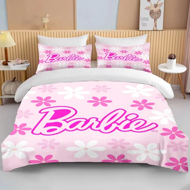 Pink Warm Soft MINISO Barbie Printed Bedding Set Duvet Cover Anime Quilt Adult Kids Birthday Gift Full Size Bedding Set Luxury Bed Sheets