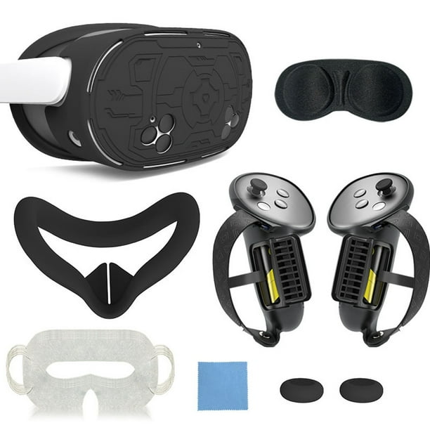 Kit de accesorios 7 en 1 para el casco de realidad virtual Meta Quest 3: empuñaduras para el mando, correa de mano, funda facial de silicona y juego de protectores de lente.-Negro