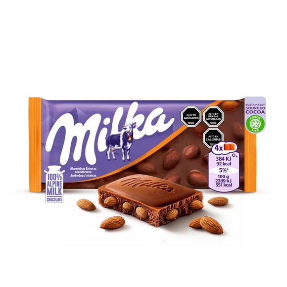 Chocolate milka relleno con almendras enteras, 100 g