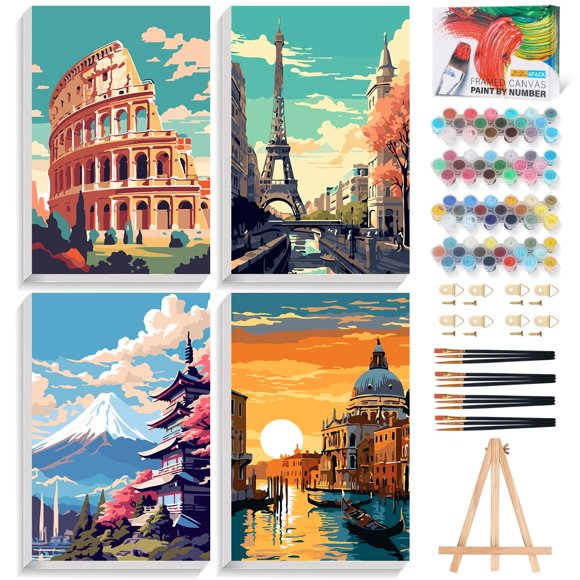 Kit de Pintura por Números Offito Pack de 4 (20x25 cm) con Caballete