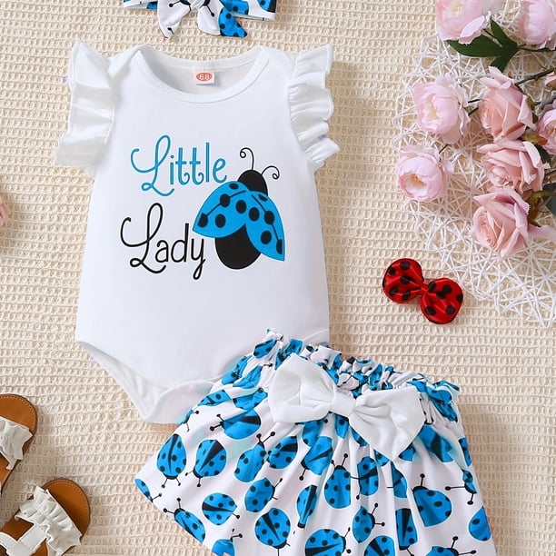 3pcs Baby Girls "Little Lady" Ladybug Print Cute Ruffled Sleeves Onesie & Skirt & Headband, Baby Summer Clothes Sets