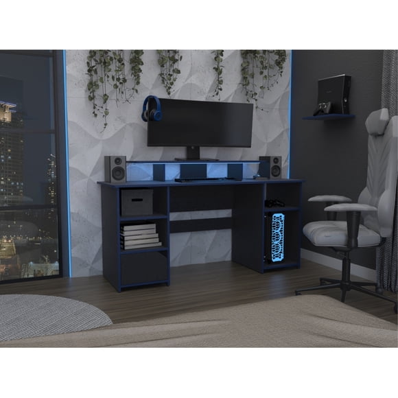 Escritorio Gamer Keria Con Puerta | Mesa Gamer Wengue Y Azul | Escritorio PC Gaming Moderno