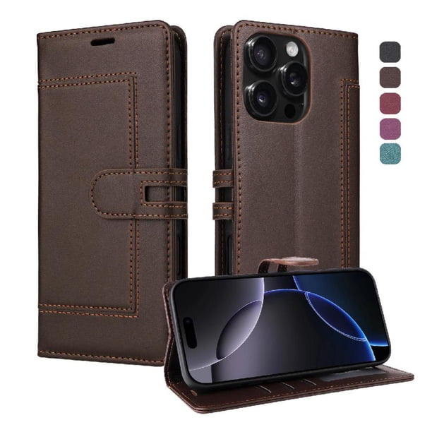 Premium Wallet Case for iPhone 16 Pro with Card Slots & Kickstand, Flip Cover Brown