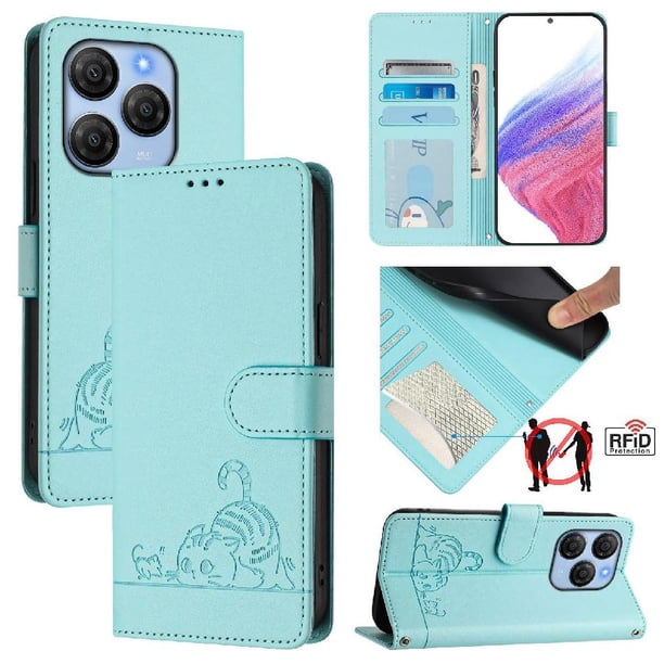 Funda tipo cartera FOXDOCK para Blackview Shark 9 con soporte, ranuras, RFID, diseño de gato