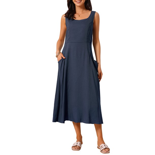 INSPIRE CHIC Vestido de Tanque para Mujeres de Regreso a Clases Cuello Redondo Sin Mangas Línea A Suelta Casual Midi Vestido Azul Oscuro S