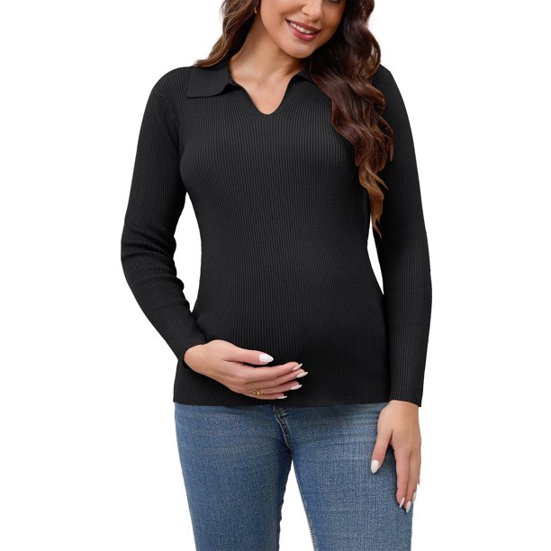 INSPIRE CHIC Camisetas de maternidad para mujeres Suéter de manga larga Cuello en V Blusa túnica Ropa de embarazo 2XL Negro