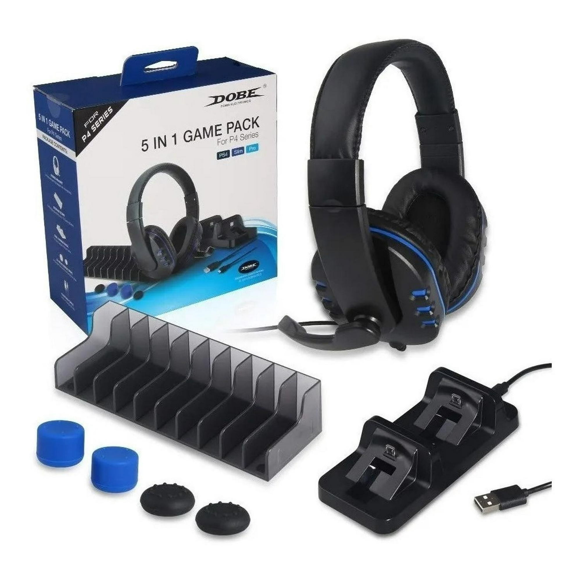 Dobe - Pack Gamer 5 En 1 Ps4 Audifono-cargador-cable-mic-grip-cable Azul