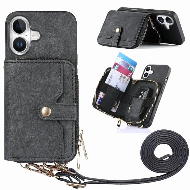 Funda Tipo Cartera con Correa Cruzada para iPhone 16 Plus Protección Contra Golpes Negro