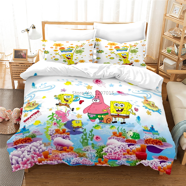 v1227 Bed Sheets New Design Cartoon SpongeBobs Bedding Set Adult Kids Cute Character Printed Duvet Cover Sets Pillowcase Comforter Cover Sets 3-Piece Bedding Set (1 Duvet Cover + 2 Pillow Shams) Bed S