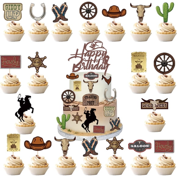 Adornos para pastel de vaquero con sombrero brillante Pretyps, 31 piezas, para cumpleaños