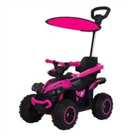 Abmtoys - Auto A Batería Y Carro Empuje Con Toldo Y Barra Direccional Rosado