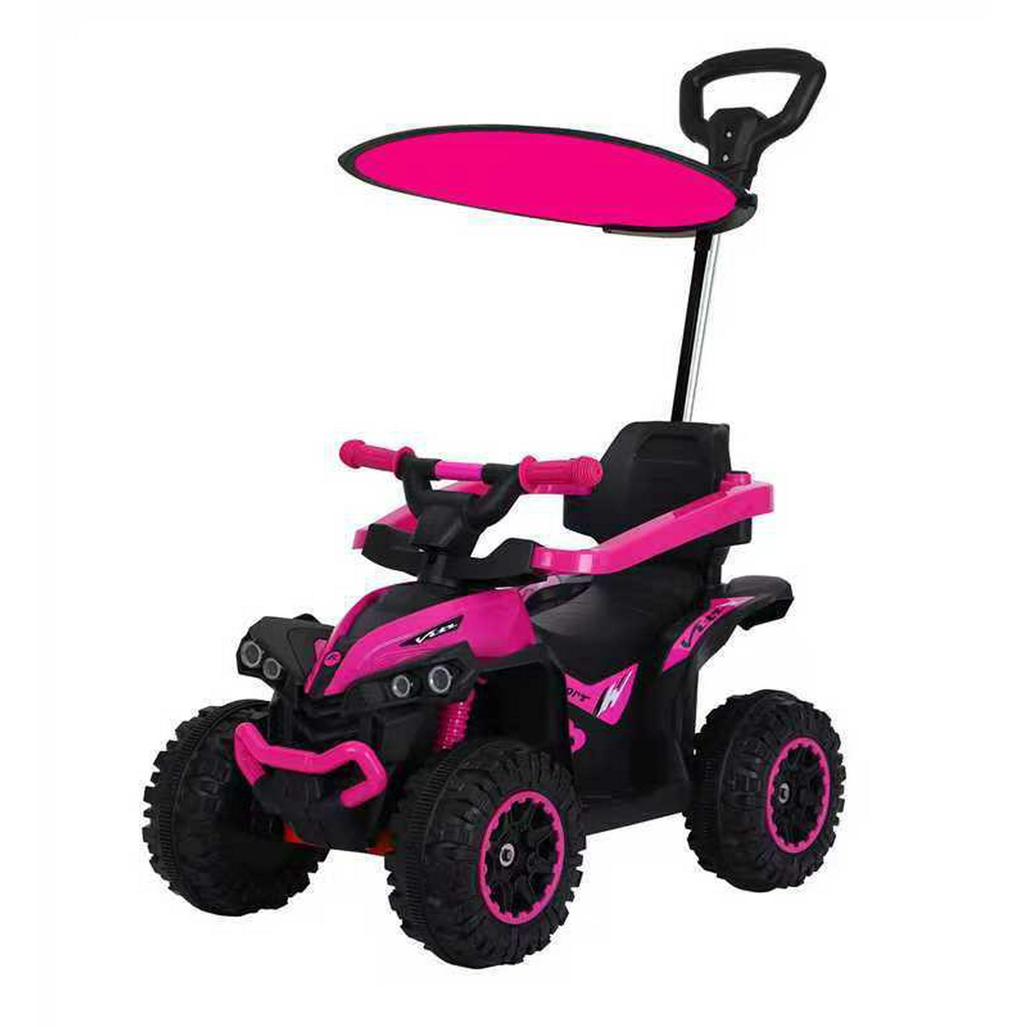 Abmtoys - Auto A Batería Y Carro Empuje Con Toldo Y Barra Direccional Rosado