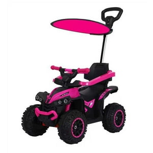 Abmtoys - Auto A Batería Y Carro Empuje Con Toldo Y Barra Direccional Rosado